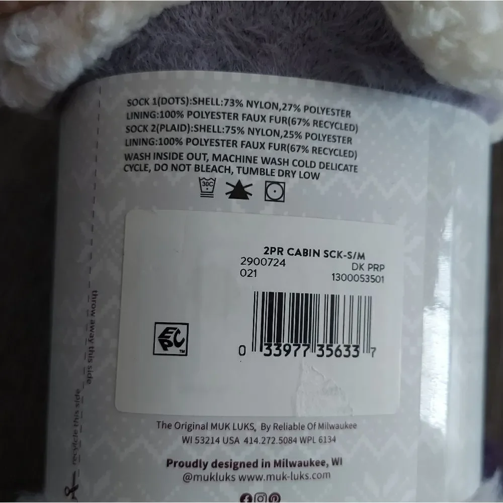 Muk Luk Womens Cabin Socks 2 Pair Purple Polka Dot & Purple/White Plaid S/M 5-7